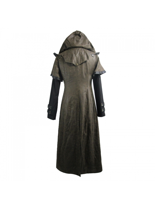 Metal Buckle Leather Loop Decoration Double Sleeve Brown Punk Hoodie Leather Coat