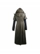 Metal Buckle Leather Loop Decoration Double Sleeve Brown Punk Hoodie Leather Coat
