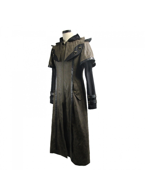 Metal Buckle Leather Loop Decoration Double Sleeve Brown Punk Hoodie Leather Coat