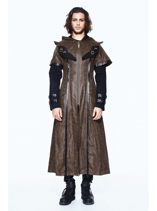 Metal Buckle Leather Loop Decoration Double Sleeve Brown Punk Hoodie Leather Coat