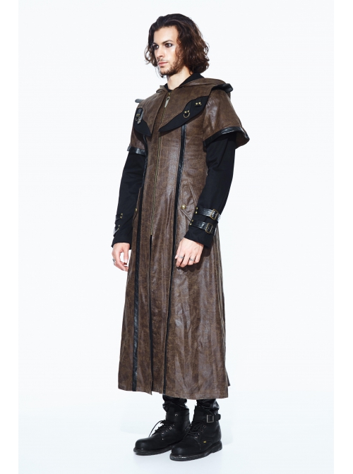 Metal Buckle Leather Loop Decoration Double Sleeve Brown Punk Hoodie Leather Coat