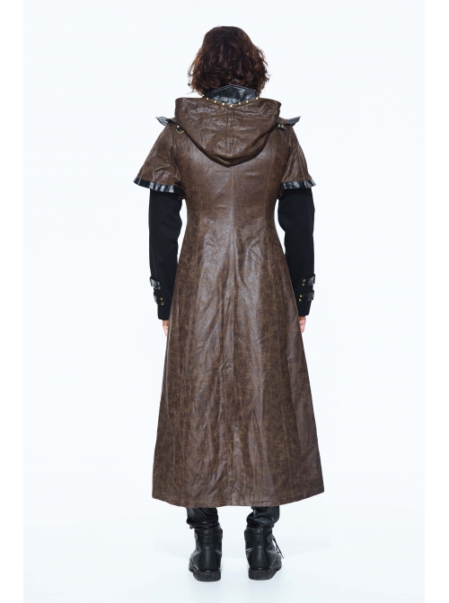 Metal Buckle Leather Loop Decoration Double Sleeve Brown Punk Hoodie Leather Coat