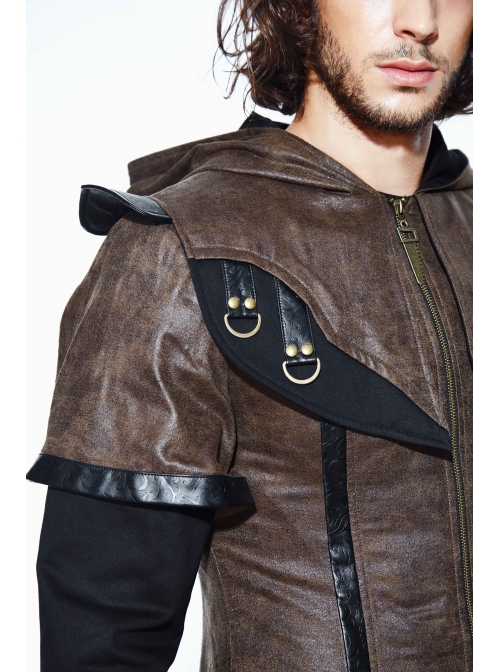 Metal Buckle Leather Loop Decoration Double Sleeve Brown Punk Hoodie Leather Coat