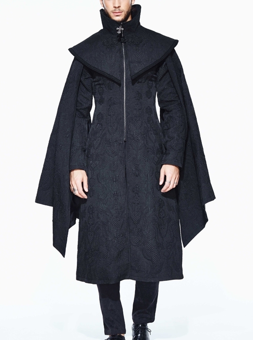 Stand-Up Collar Metal Cross Zipper With Shawl Black Gothic Coat