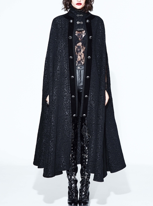 Stand-Up Collar Metal Buckle Retro Button Decoration Black Gothic Jacquard Long Cape