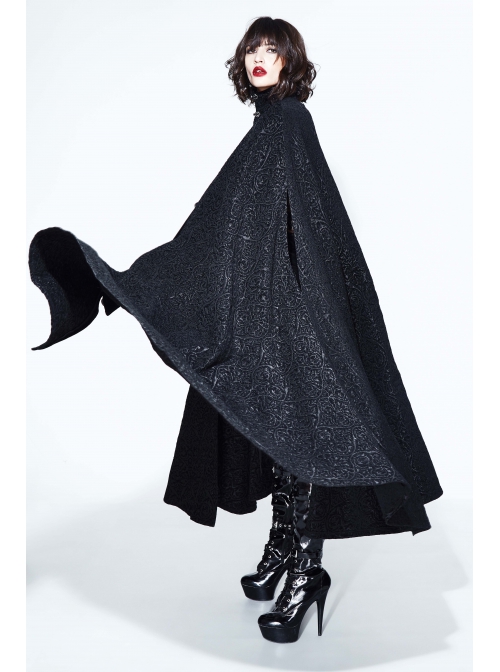 Stand-Up Collar Metal Buckle Retro Button Decoration Black Gothic Jacquard Long Cape