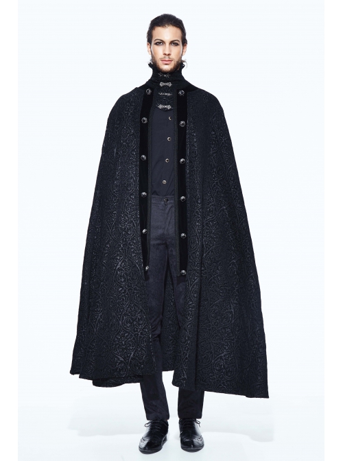 Stand-Up Collar Metal Buckle Retro Button Decoration Black Gothic Jacquard Long Cape