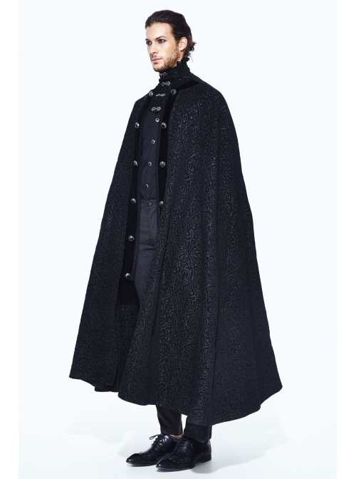 Stand-Up Collar Metal Buckle Retro Button Decoration Black Gothic Jacquard Long Cape
