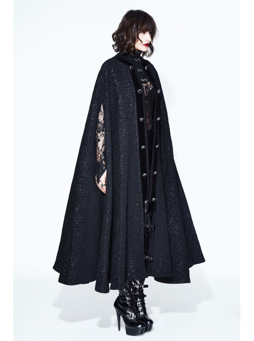 Stand-Up Collar Metal Buckle Retro Button Decoration Black Gothic Jacquard Long Cape