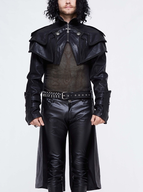 Stand-Up Collar Metal Cross Zipper With Cape Black Gothic Coat