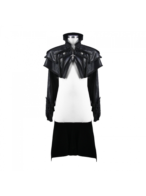 Stand-Up Collar Metal Cross Zipper With Cape Black Gothic Coat