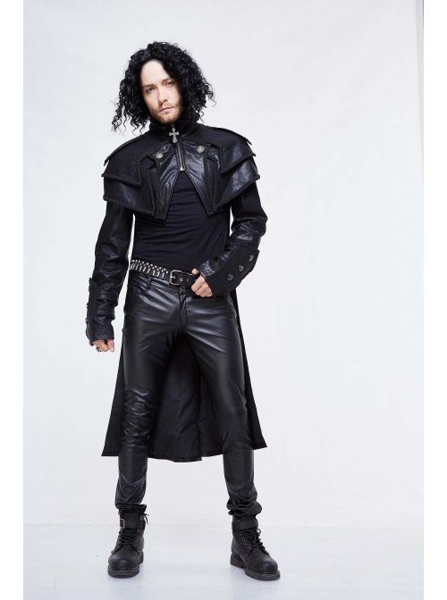 Stand-Up Collar Metal Cross Zipper With Cape Black Gothic Coat