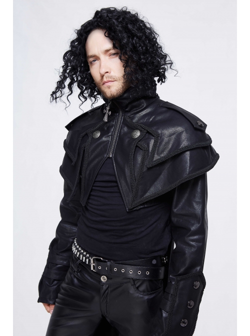 Stand-Up Collar Metal Cross Zipper With Cape Black Gothic Coat