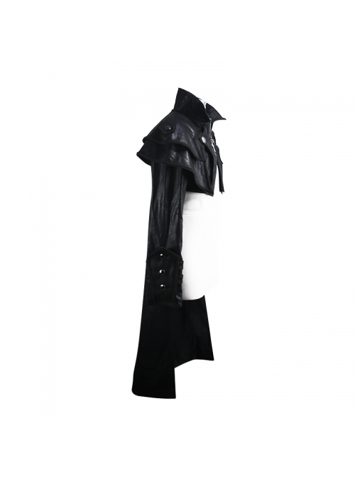 Stand-Up Collar Metal Cross Zipper With Cape Black Gothic Coat