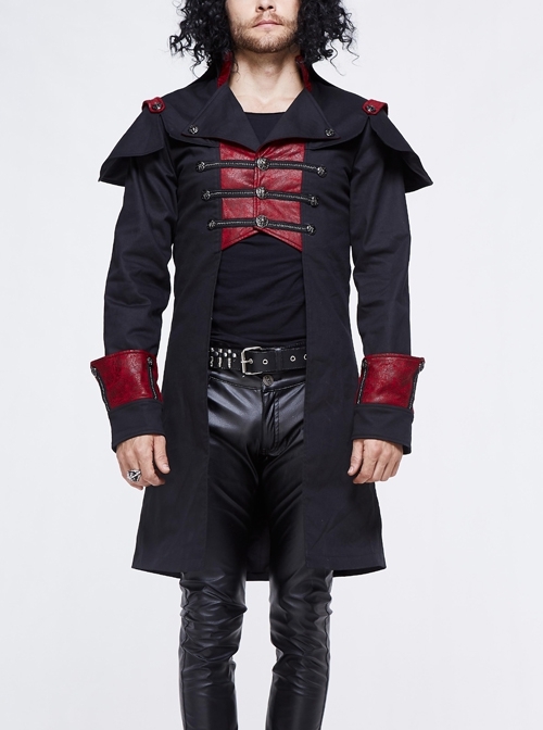 Stand-Up Collar Front Chest Metal Buckle Chain Ribbon Black Punk Coat