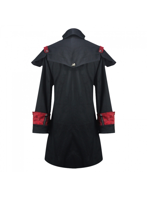 Stand-Up Collar Front Chest Metal Buckle Chain Ribbon Black Punk Coat