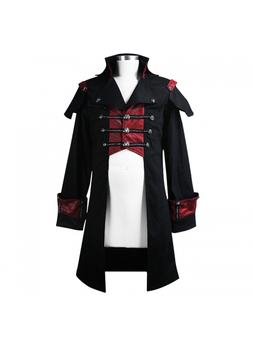 Stand-Up Collar Front Chest Metal Buckle Chain Ribbon Black Punk Coat