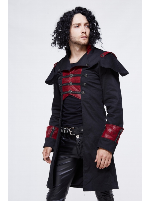 Stand-Up Collar Front Chest Metal Buckle Chain Ribbon Black Punk Coat