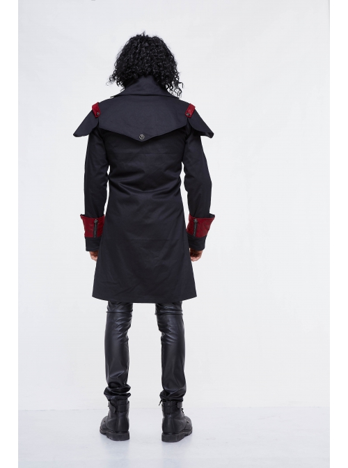 Stand-Up Collar Front Chest Metal Buckle Chain Ribbon Black Punk Coat