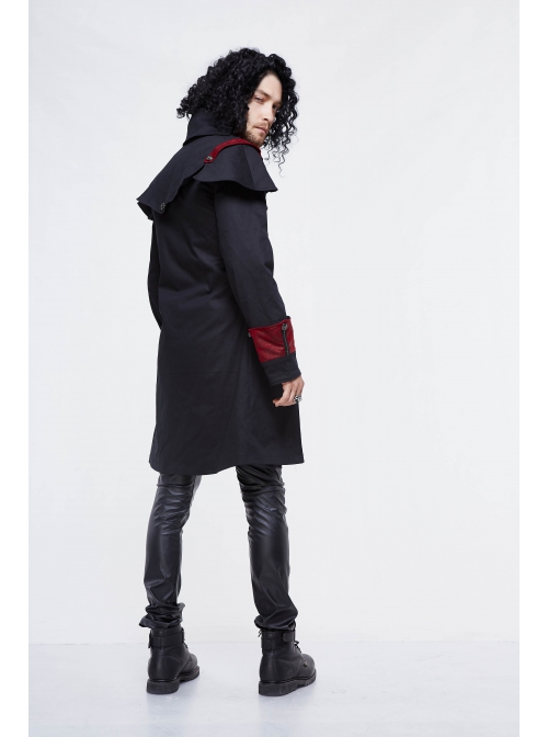 Stand-Up Collar Front Chest Metal Buckle Chain Ribbon Black Punk Coat