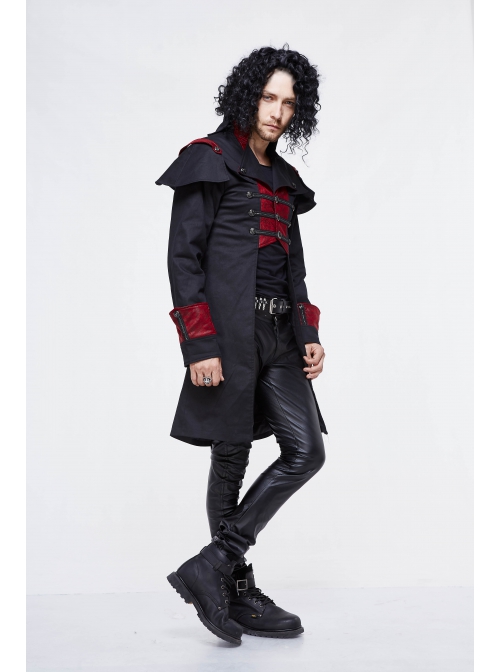 Stand-Up Collar Front Chest Metal Buckle Chain Ribbon Black Punk Coat