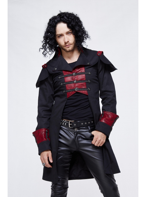 Stand-Up Collar Front Chest Metal Buckle Chain Ribbon Black Punk Coat
