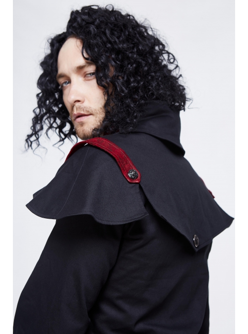 Stand-Up Collar Front Chest Metal Buckle Chain Ribbon Black Punk Coat