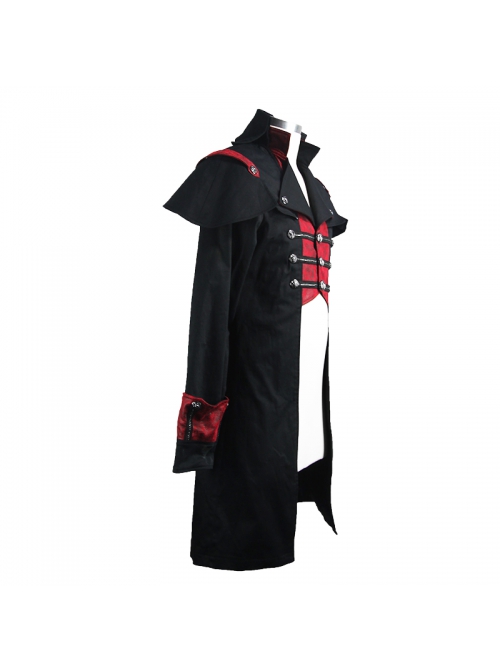 Stand-Up Collar Front Chest Metal Buckle Chain Ribbon Black Punk Coat