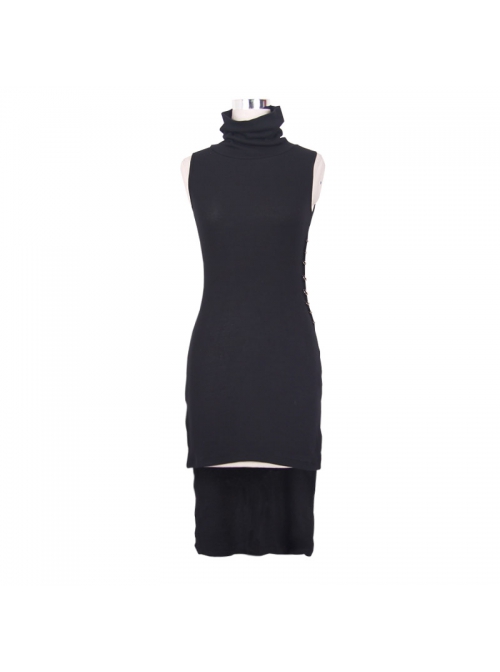 High Collar Sleeveless One-Side Waist Slit Black Punk Knit Tight Dress