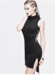 High Collar Sleeveless One-Side Waist Slit Black Punk Knit Tight Dress