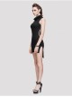 High Collar Sleeveless One-Side Waist Slit Black Punk Knit Tight Dress