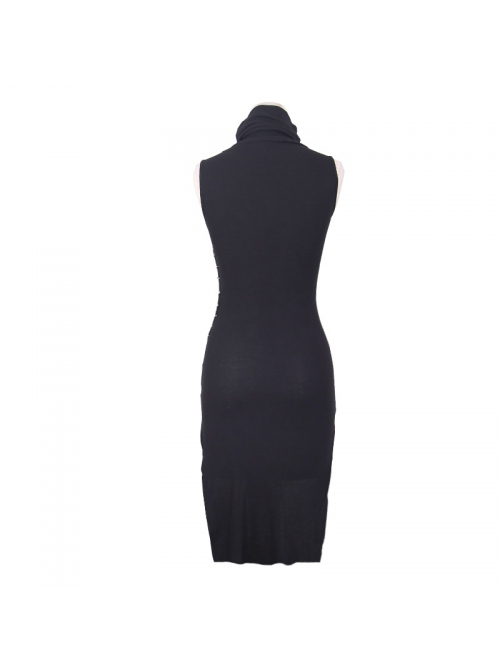 High Collar Sleeveless One-Side Waist Slit Black Punk Knit Tight Dress
