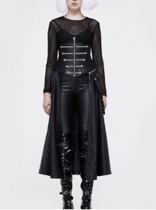 Front Chain-Shaped Ribbons Back Waist Lace-Up Black Gothic Imitation Leather Tunic Skirt