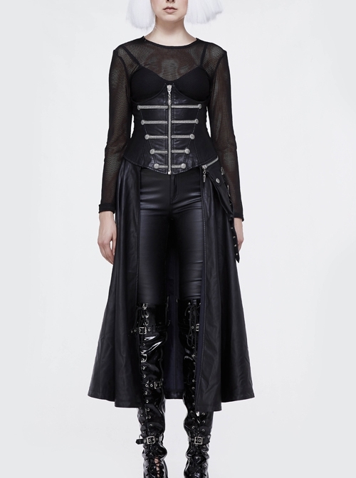 Front Chain-Shaped Ribbons Back Waist Lace-Up Black Gothic Imitation Leather Tunic Skirt