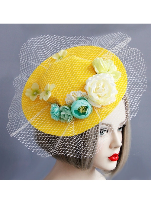 Fashion Leisure Multicolor Flowers White Net Yarn Seaside Tourism Vacation Yellow Sunhat