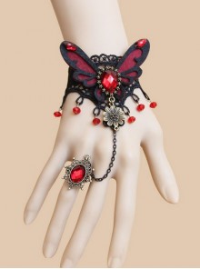 Gothic Retro Fashion Black Lace Butterfly Ruby Bracelet With Ring One Chain