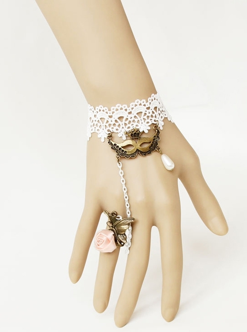 Halloween Prom Retro Fashion White Lace Mask Pink Rose Female Bracelet Ring One Chain