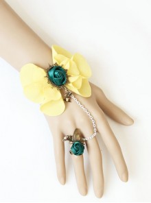 Creative Retro Travel Beach Yellow Flowers Dark Green Rose Female Bracelet With Ring One Chain