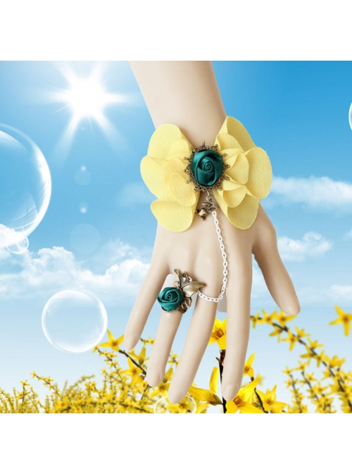 Creative Retro Travel Beach Yellow Flowers Dark Green Rose Female Bracelet With Ring One Chain