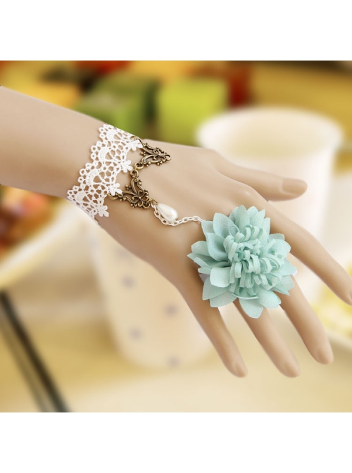 Baroque Retro Fashion Blue Flowers White Lace Pearl Women With Ring Bracelet