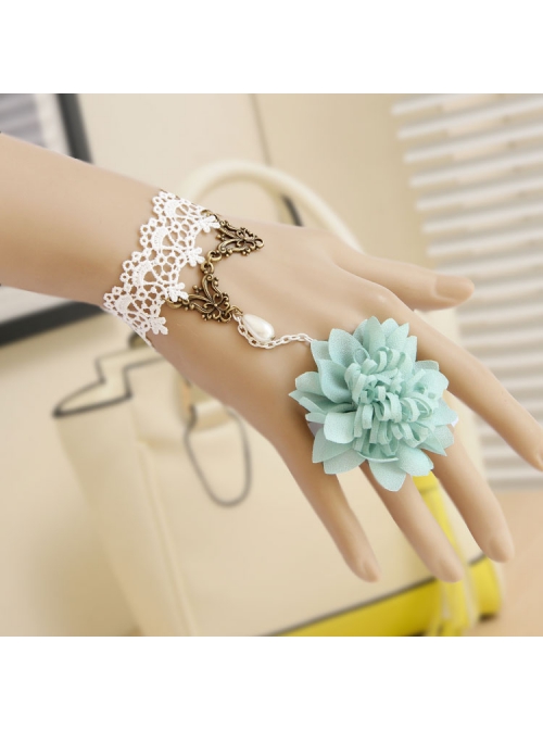 Baroque Retro Fashion Blue Flowers White Lace Pearl Women With Ring Bracelet