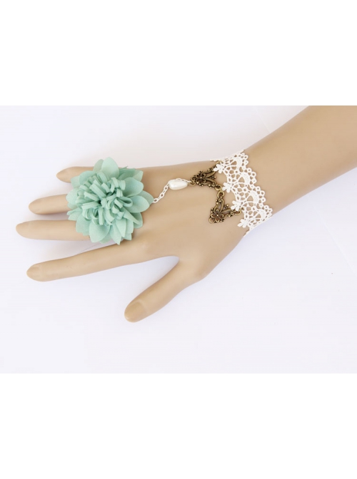 Baroque Retro Fashion Blue Flowers White Lace Pearl Women With Ring Bracelet