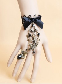 Gothic Court Retro Bird Black Bow Crystal Lace Bracelet With Ring One Chain