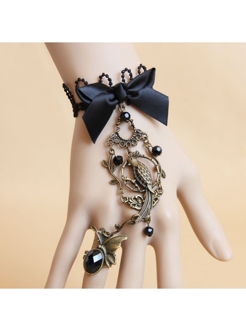 Gothic Court Retro Bird Black Bow Crystal Lace Bracelet With Ring One Chain