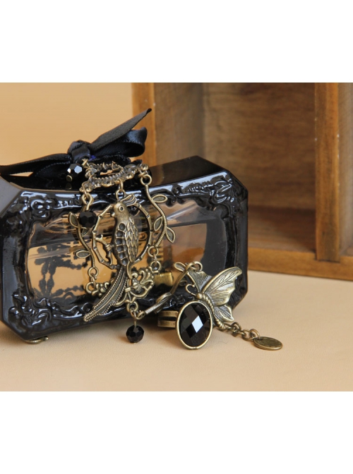 Gothic Court Retro Bird Black Bow Crystal Lace Bracelet With Ring One Chain