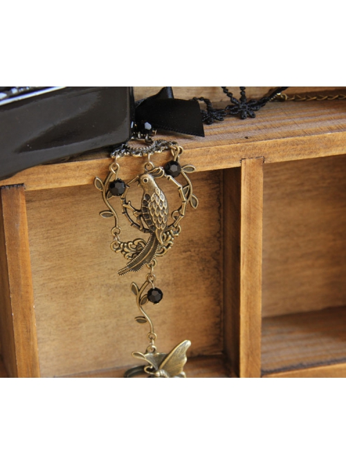 Gothic Court Retro Bird Black Bow Crystal Lace Bracelet With Ring One Chain