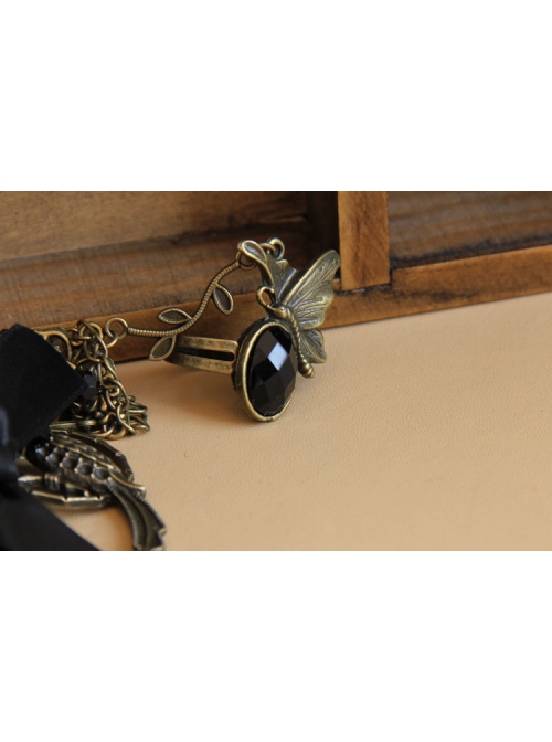 Gothic Court Retro Bird Black Bow Crystal Lace Bracelet With Ring One Chain