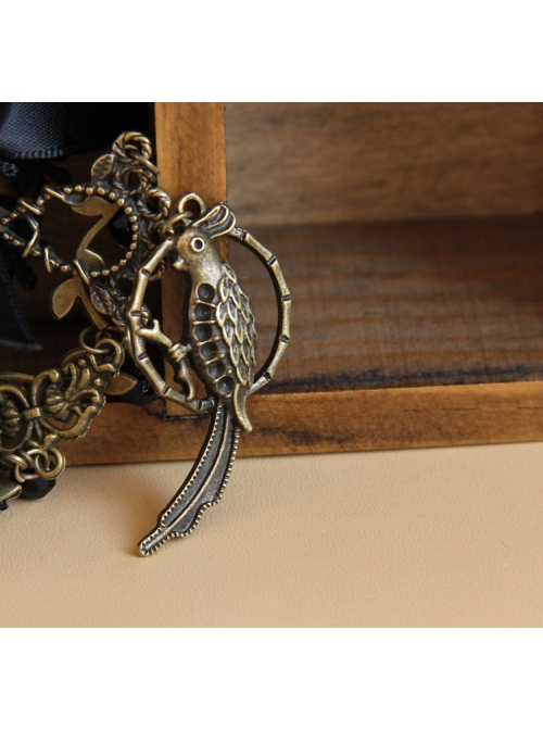 Gothic Court Retro Bird Black Bow Crystal Lace Bracelet With Ring One Chain