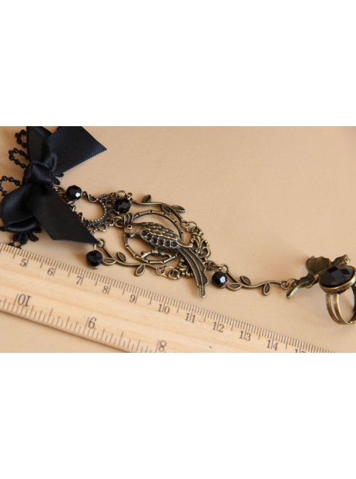 Gothic Court Retro Bird Black Bow Crystal Lace Bracelet With Ring One Chain