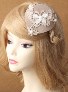 Fashion Retro Palace Pink Lace Butterfly Pearl Lady Autumn Winter Small Top Hat Hairpin